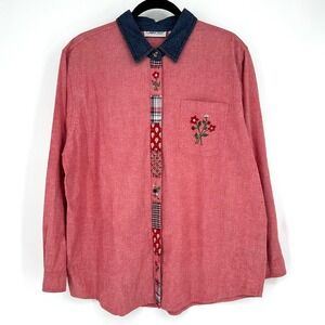 Cabin Creek Red Embroidered Floral Patchwork Denim Collar Button Up Shirt‎ 18 W